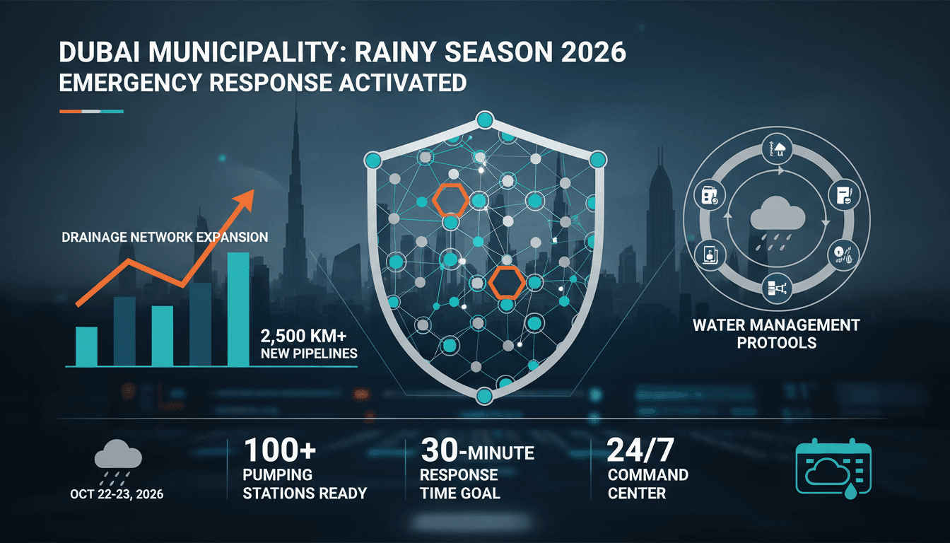 Infographic illustrating Dubai's emergency response measures for the rainy season, highlighting drainage maintenance and public safety efforts.