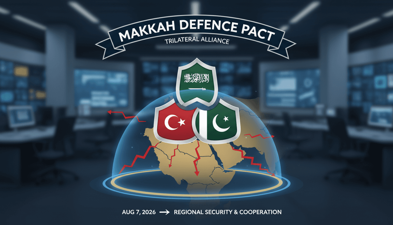 Infographic showing the Makkah Defence Pact among Saudi Arabia, Turkey, and Pakistan, highlighting military cooperation and regional security.
