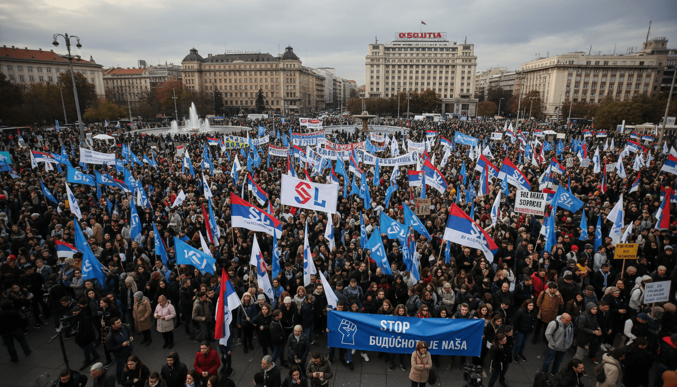 A vibrant scene from the student-led rally in Belgrade, showcasing thousands of supporters with flags and banners.