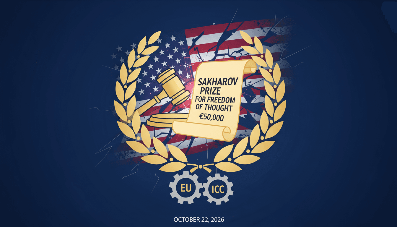 The International Criminal Court receiving the Sakharov Prize, highlighting the €50,000 award amidst US sanctions.