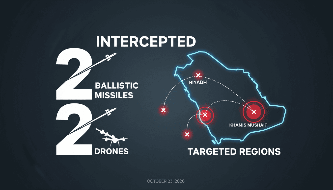 A map showing intercepted Houthi missiles and drones targeting Riyadh and Khamis Mushait in Saudi Arabia.