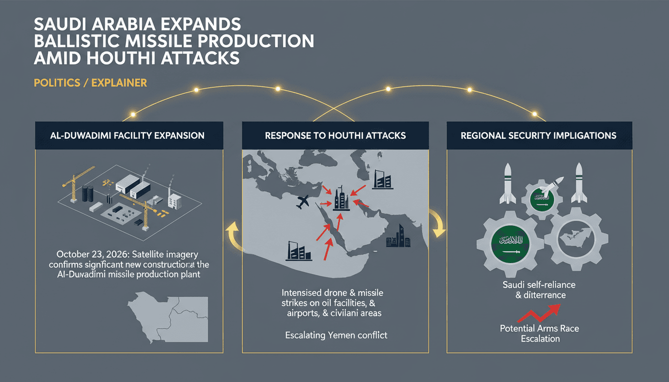 An infographic illustrating Saudi Arabia's missile production expansion and its implications for regional security.
