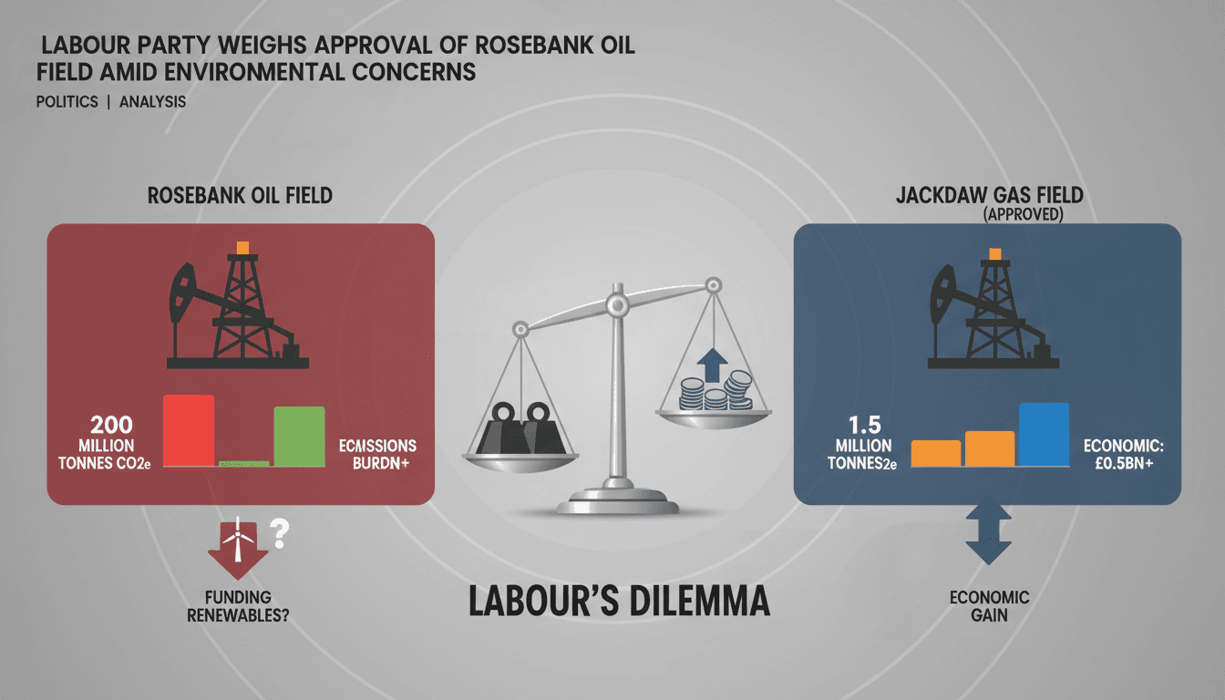 Infographic comparing emissions of Rosebank and Jackdaw oil fields, highlighting economic and environmental impacts.