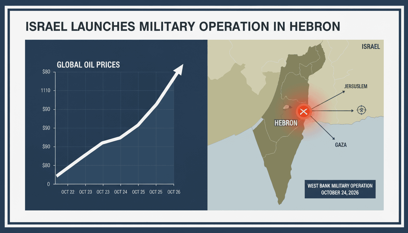 Map of Hebron showing military operation details and rising oil prices in the context of regional tensions.