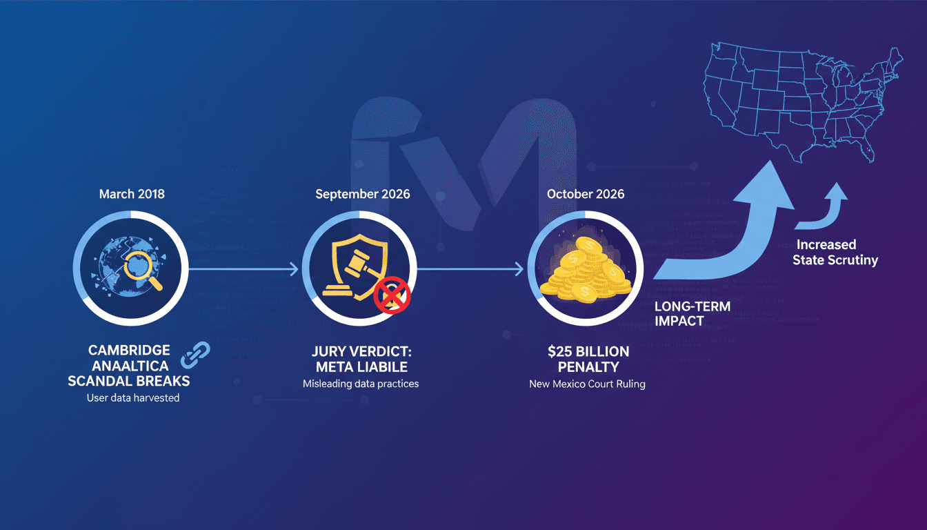Infographic showing the timeline of the Cambridge Analytica scandal and Meta's legal challenges.