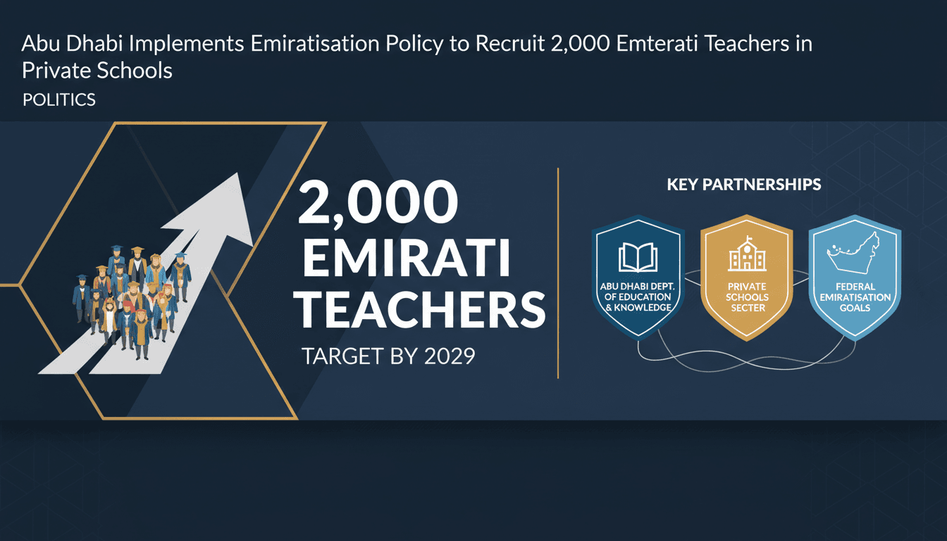 Infographic illustrating Abu Dhabi's Emiratisation Policy for private schools, highlighting the target of 2,000 Emirati teachers.