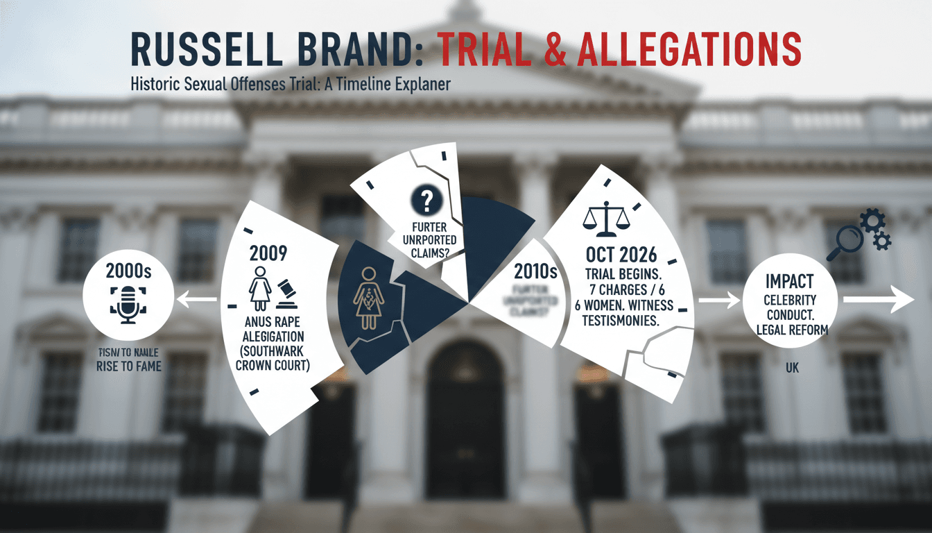 Infographic showing timeline of Russell Brand's trial and societal implications regarding consent and accountability.