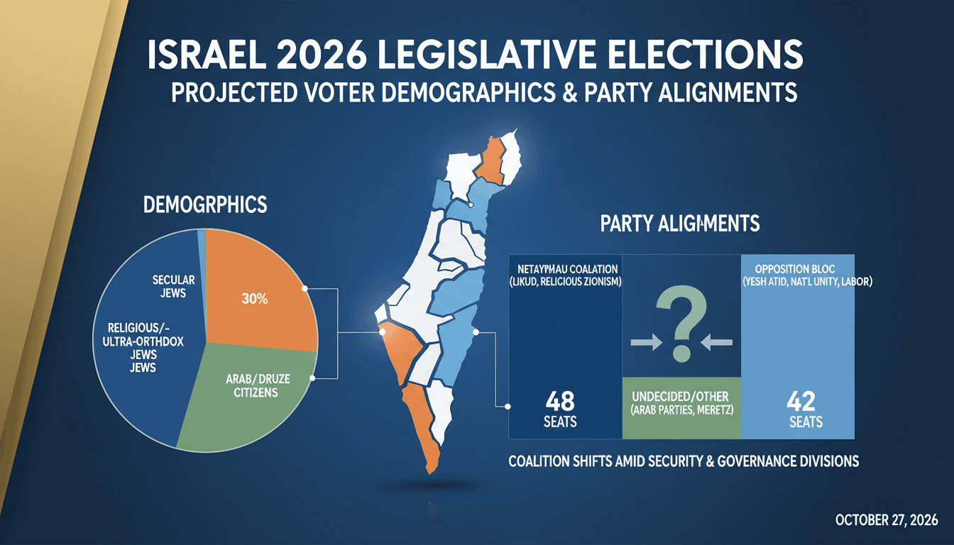 Infographic depicting voter demographics and party alignments for Israel's 2026 elections.