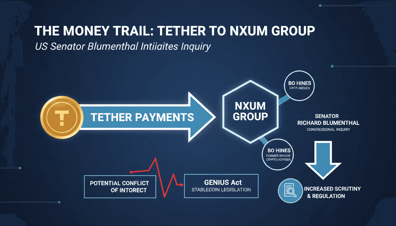 Infographic showing Tether's payments to Nxum Group and the inquiry's implications for cryptocurrency regulation.