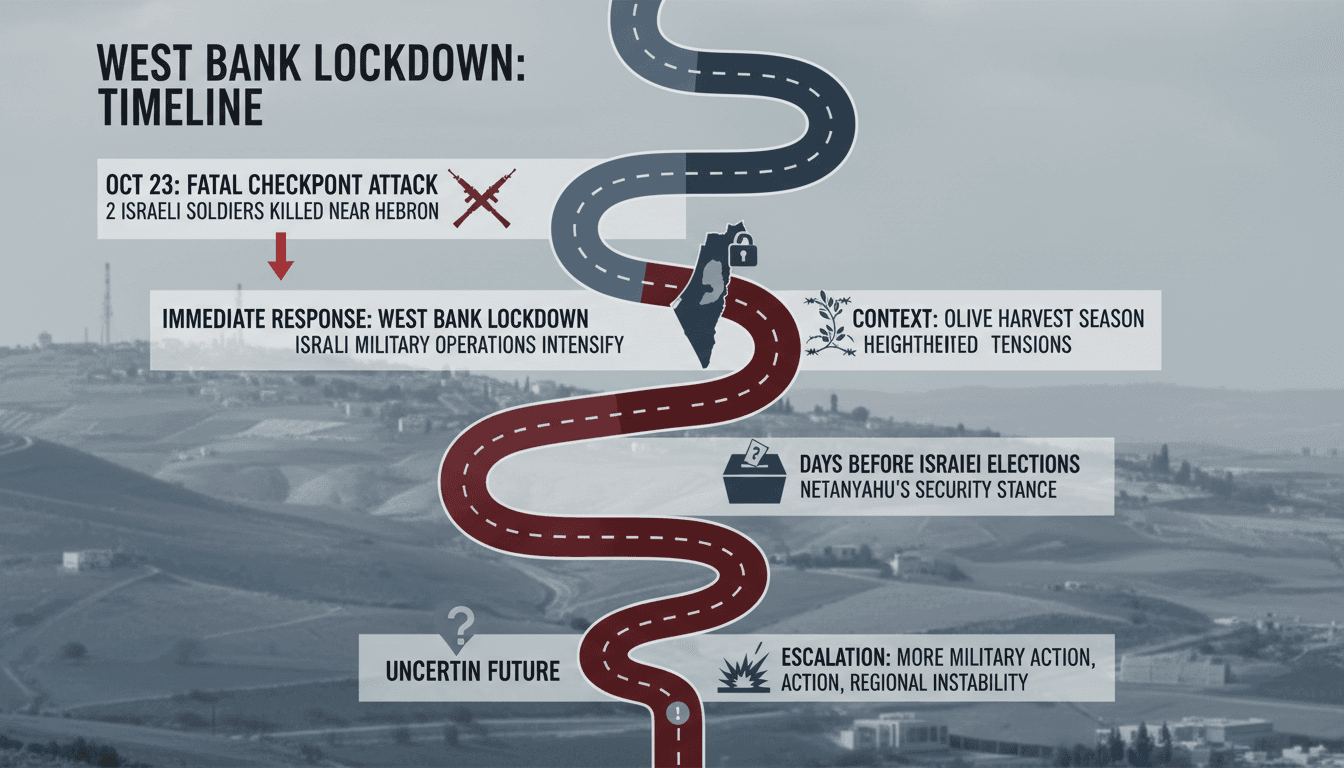 A military checkpoint in Hebron, illustrating the recent lockdown in the West Bank following a shooting incident.