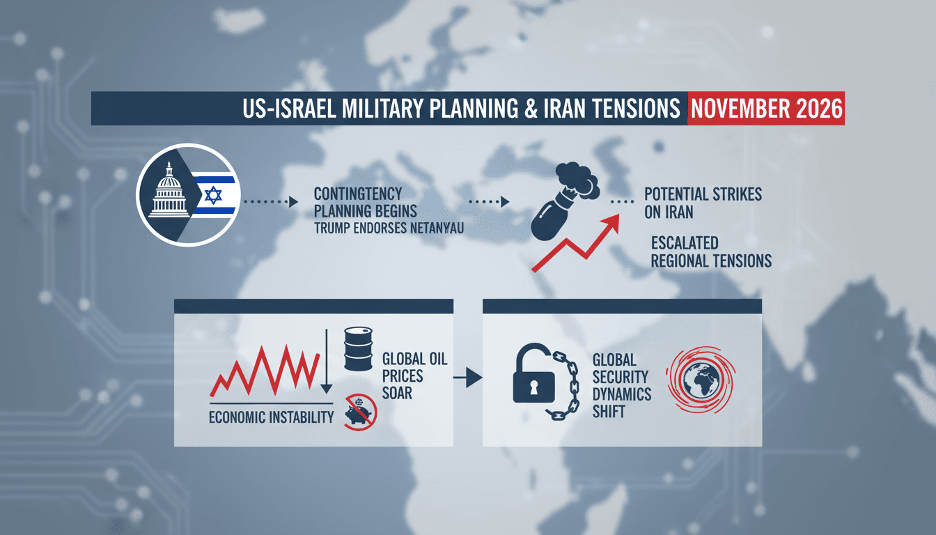 Infographic detailing US-Israel military planning against Iran and its economic implications.