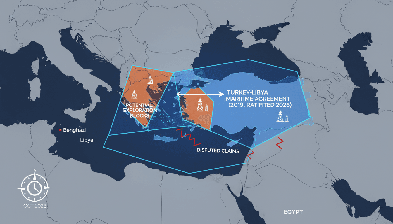 A map showing the Eastern Mediterranean with highlighted maritime zones affected by the Libya-Turkey agreement.