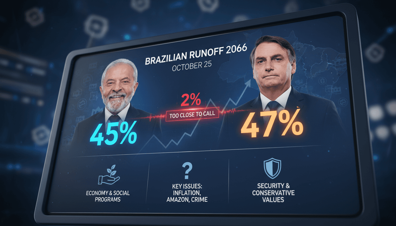 Infographic showing the close vote percentages and key issues in Brazil's 2026 presidential runoff election.