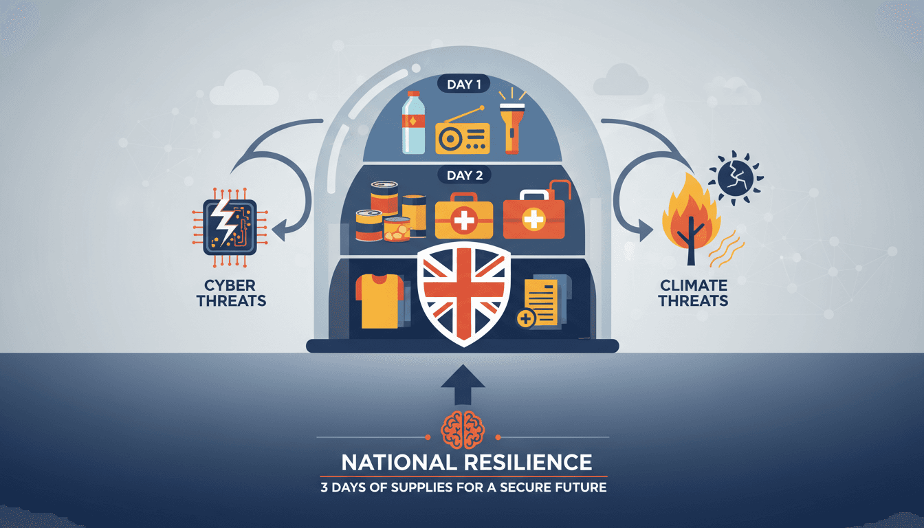 Infographic showing emergency supplies recommended by the UK government in response to cyber and climate threats.
