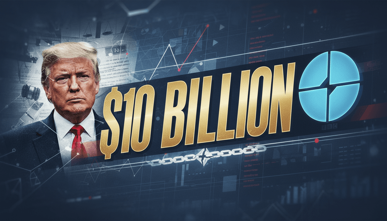 A graphic showing Trump and the BBC logo with the $10 billion figure, highlighting the defamation lawsuit.