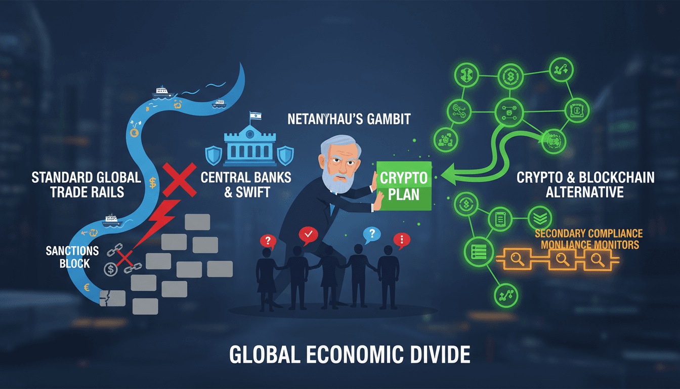 Minimalist chart showing Israeli central bank oversight contrasted with alternative blockchain rails for trade