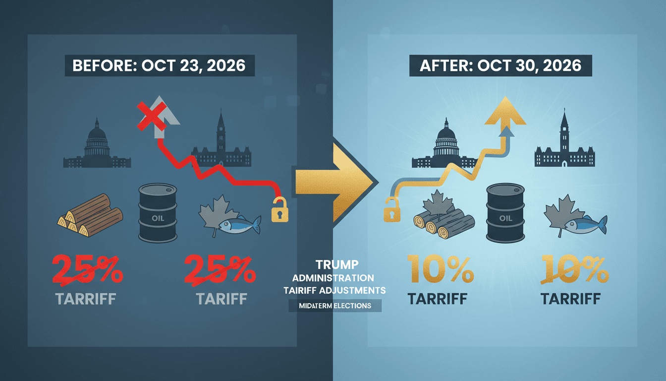 Infographic illustrating changes to Canadian tariffs by the Trump administration before the midterm elections.