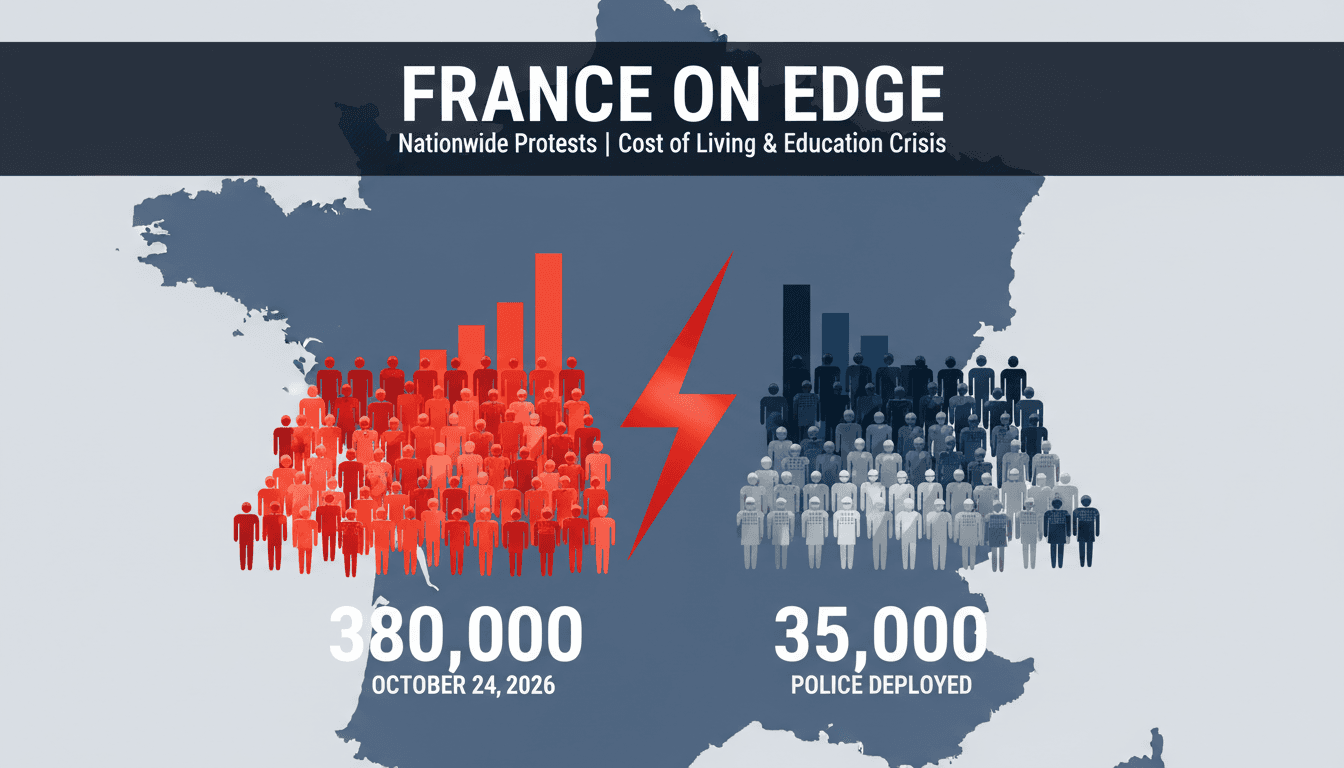 A visual representation of the protests in France, showing crowds and police presence during the demonstrations.
