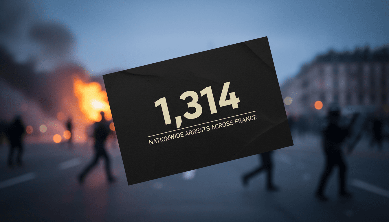 Minimalist data visual showing 1,314 arrests during nationwide France cost-of-living protests in October 2026
