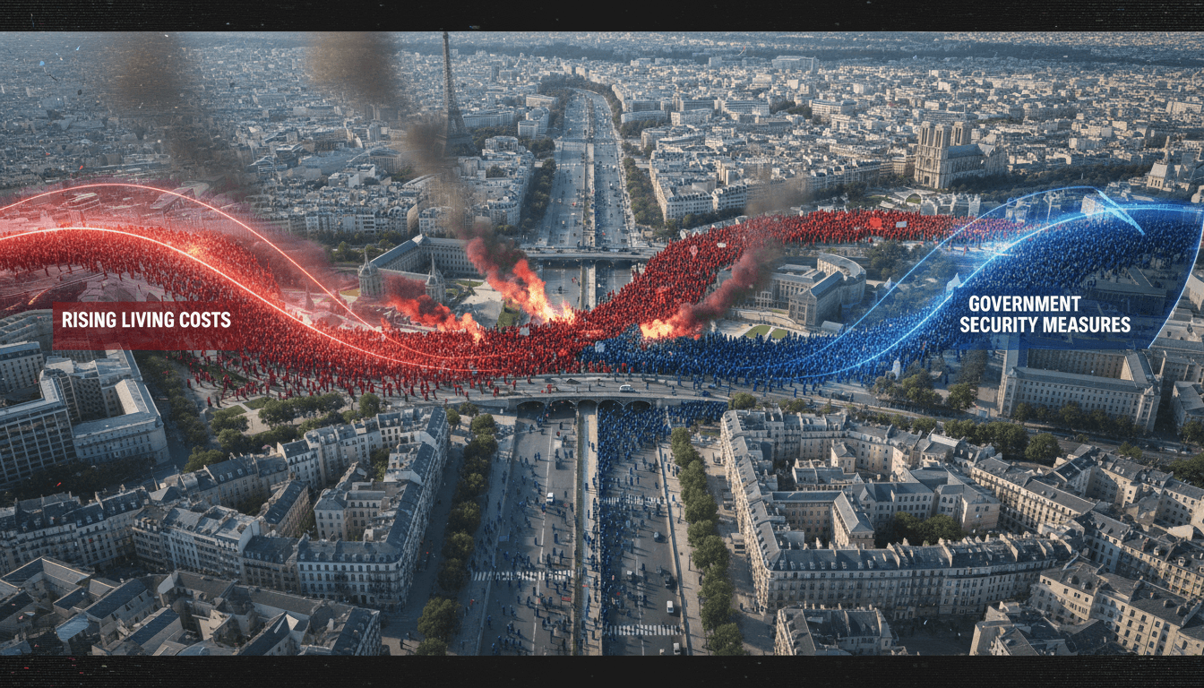 A visual representation of the protests in France, showcasing crowds and police presence during the demonstrations.