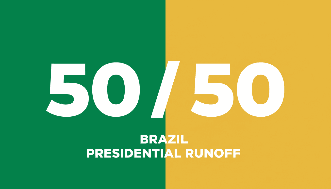 Split typographic card showing Brazil presidential runoff polling numbers for Lula and Flávio Bolsonaro