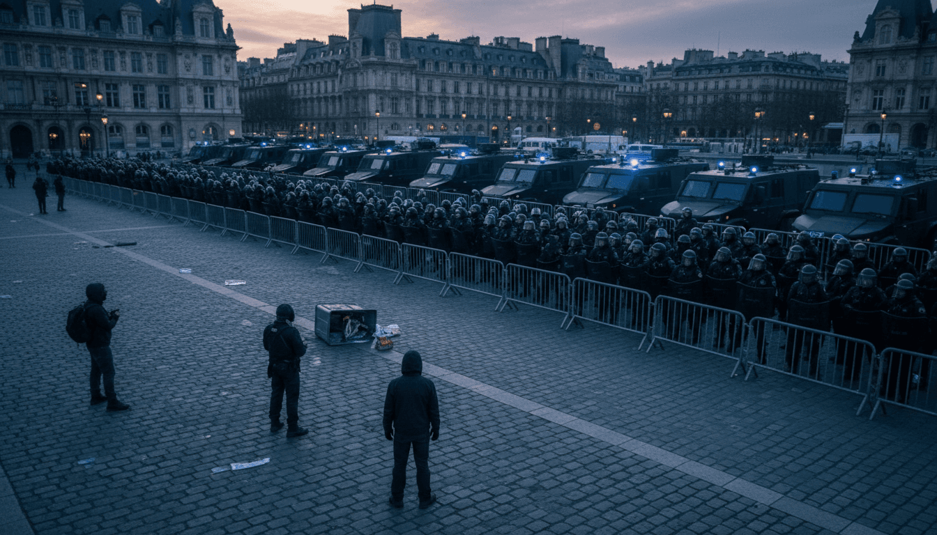 A heavily fortified police presence in France during protests, highlighting the tension between authority and public dissent.