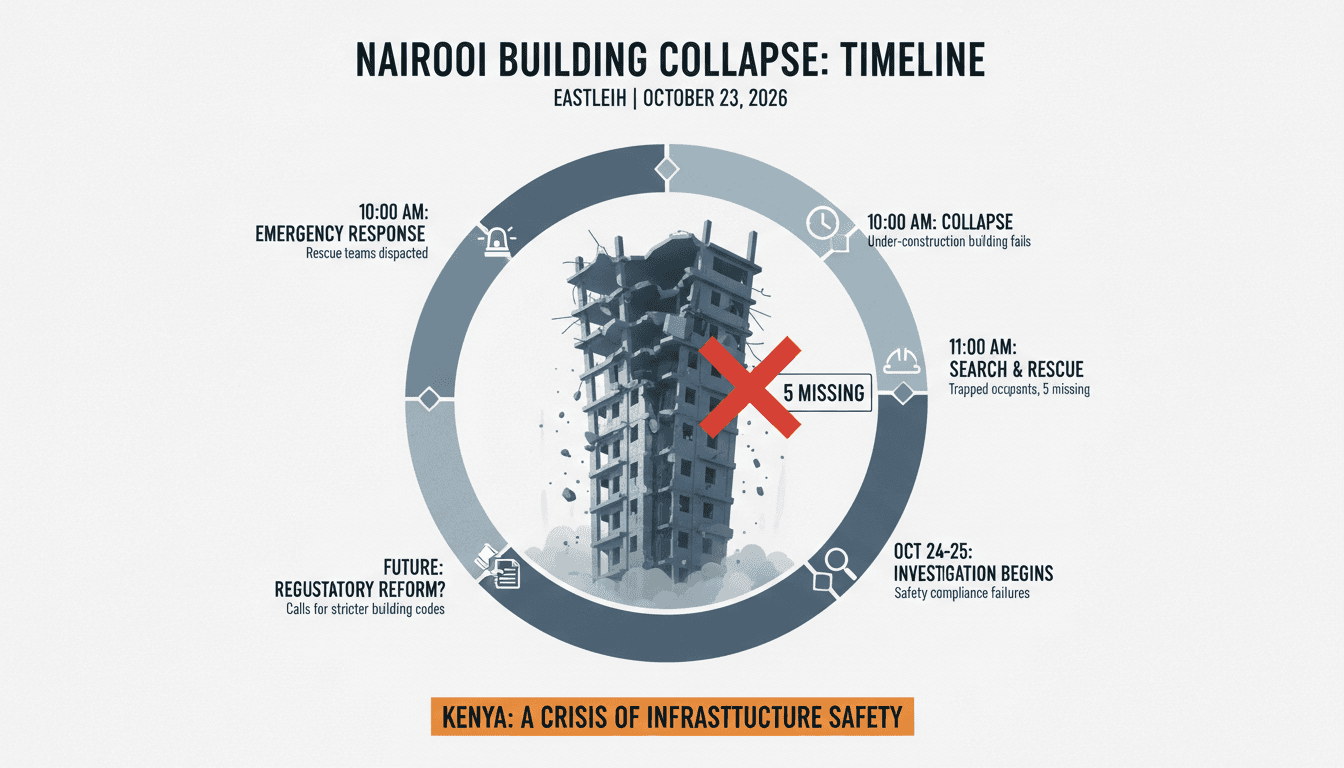 Rescue operations at the site of the Nairobi Eastleigh building collapse, highlighting safety compliance issues.