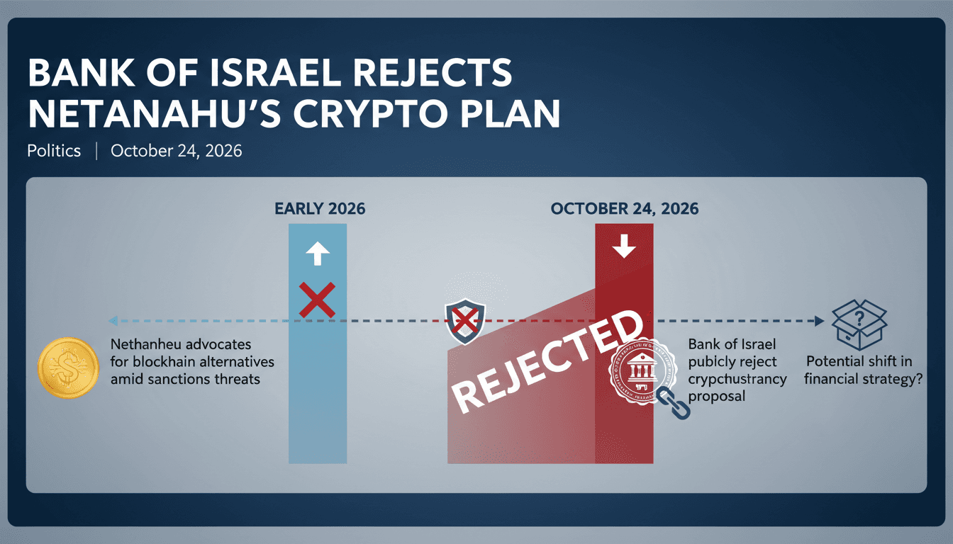 Infographic detailing Netanyahu's cryptocurrency proposal and the Bank of Israel's rejection amidst international sanctions.