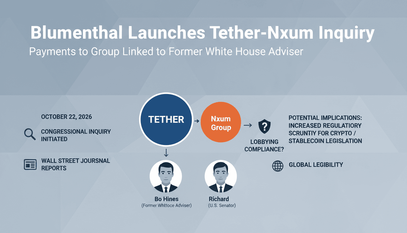 Infographic detailing Tether's payments to Nxum Group and the inquiry led by Senator Blumenthal.