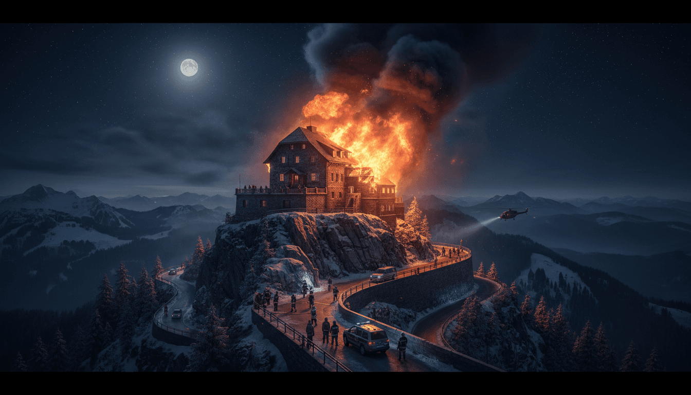 Fire engulfing the Eagle's Nest retreat in Bavaria with emergency personnel responding.