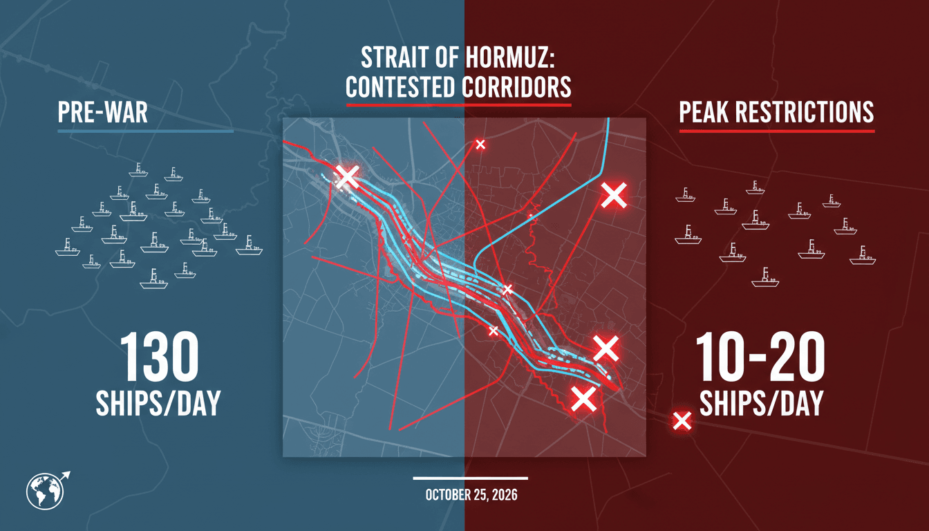 Map infographic showing the Strait of Hormuz shipping lanes and regional transit points under contested security control.