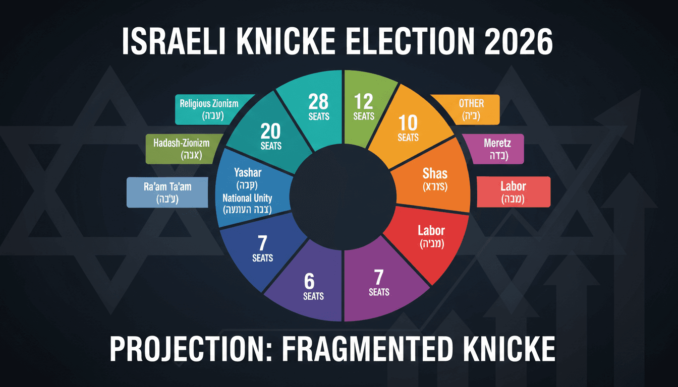 Infographic showing projected seat distribution for the Israeli Knesset election 2026, highlighting Netanyahu and Eisenkot's parties.