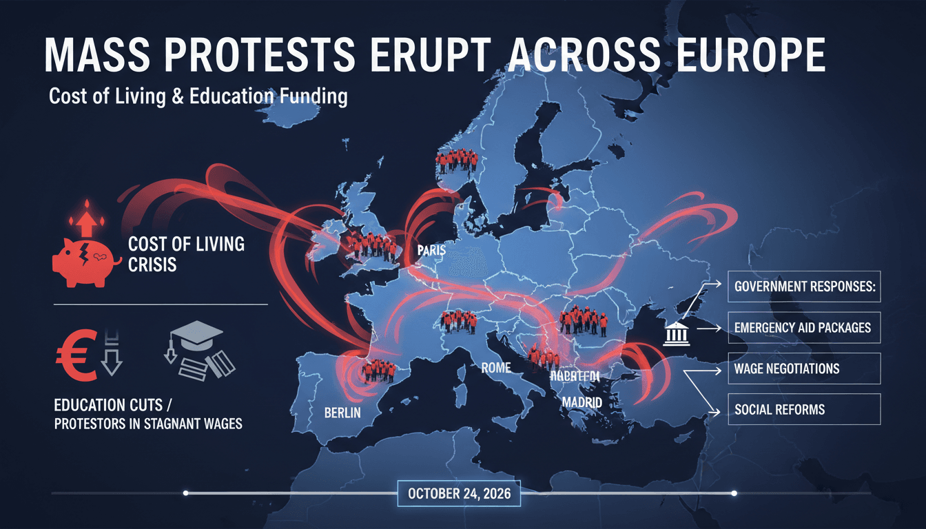 A visual representation of European protests, focusing on cost of living and education funding issues.