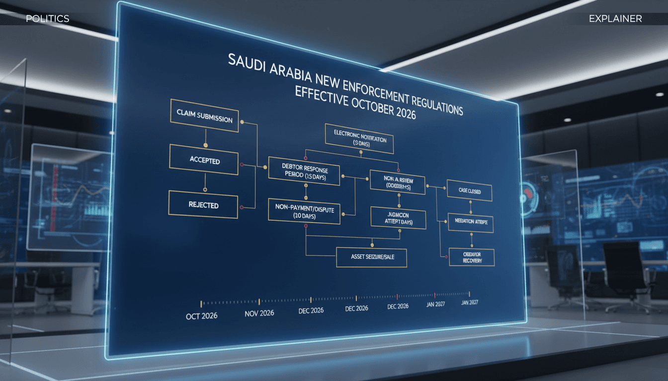 Flowchart showing the new enforcement procedures and timelines in Saudi Arabia's Enforcement System regulations.