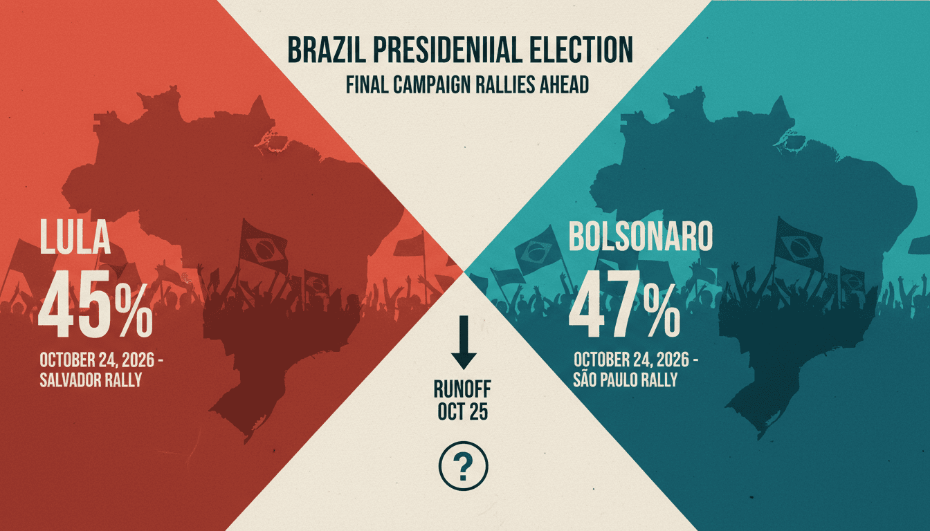 A vibrant scene from Brazil's presidential rallies showing Lula and Bolsonaro supporters with flags and banners.