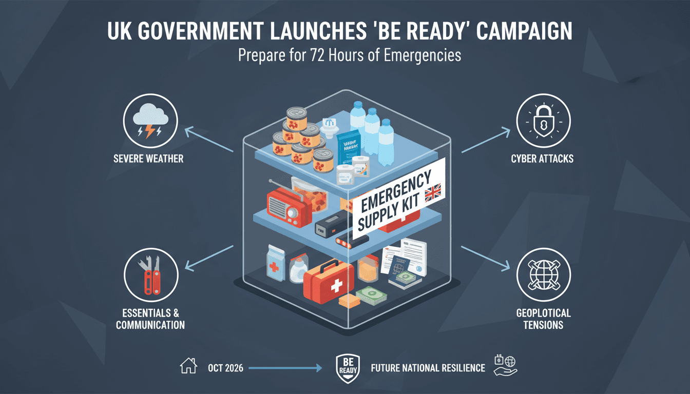 Infographic showing essential supplies recommended by the UK Be Ready campaign for emergency preparedness.