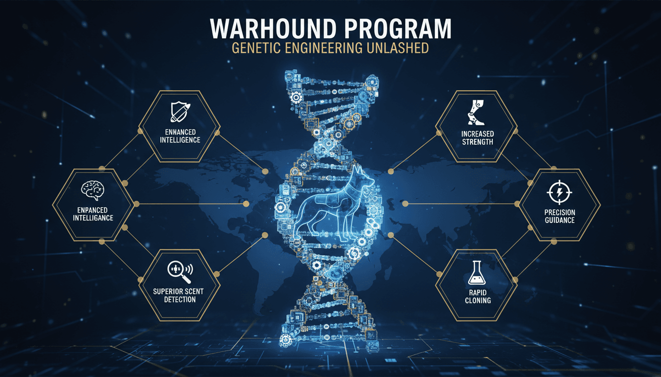 Infographic showing the genetic engineering process of military working dogs in the Warhound Program.