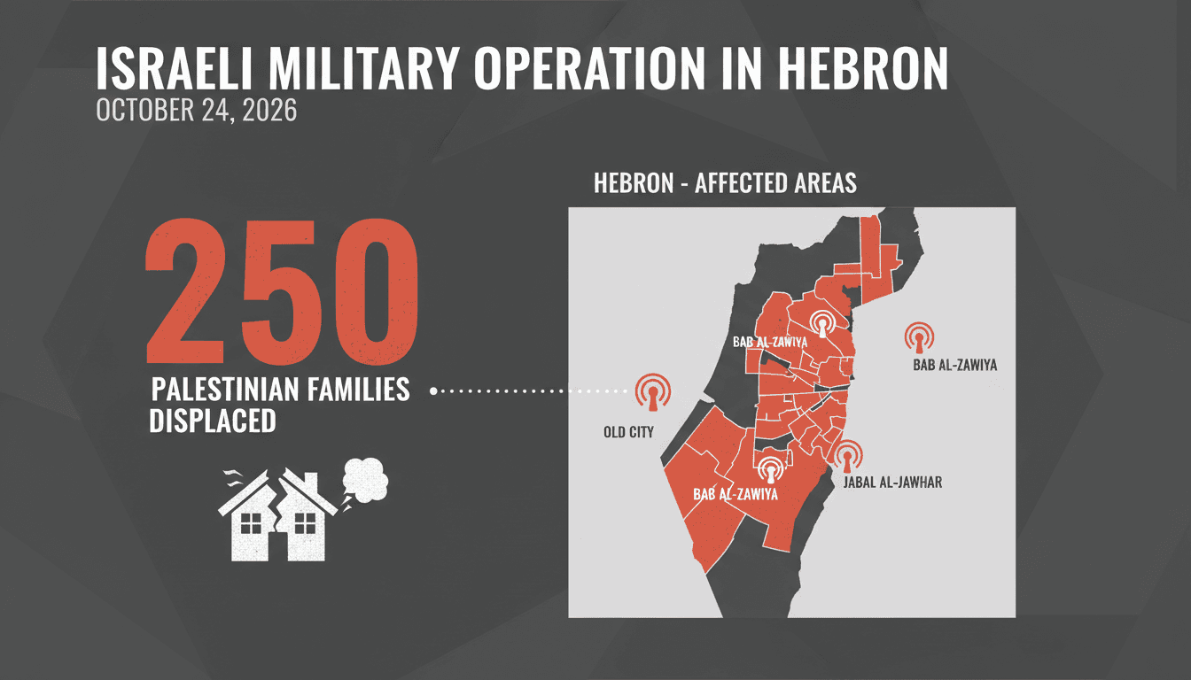 Infographic showing the displacement of 250 Palestinian families in Hebron due to Israeli military operations.