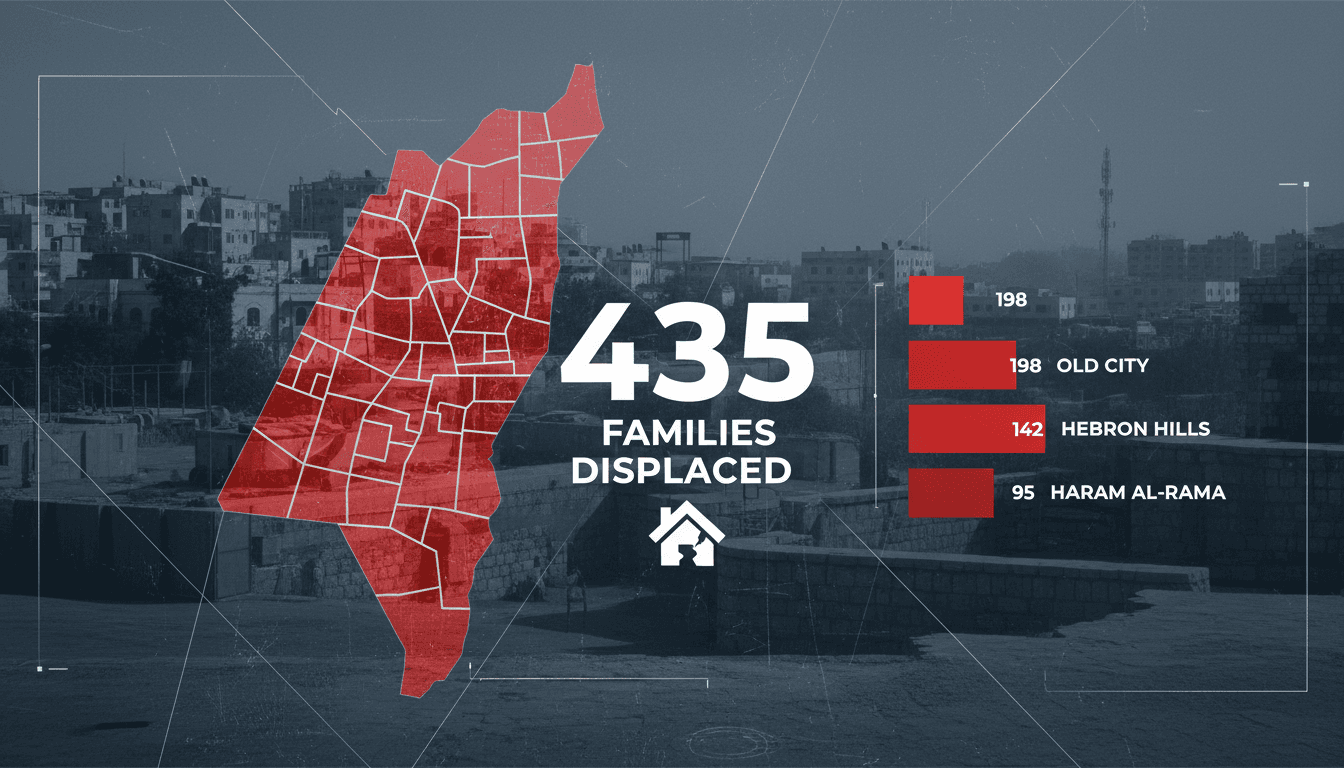 A map highlighting the neighborhoods affected by Israeli military demolitions in Hebron, showing the scale of displacement.