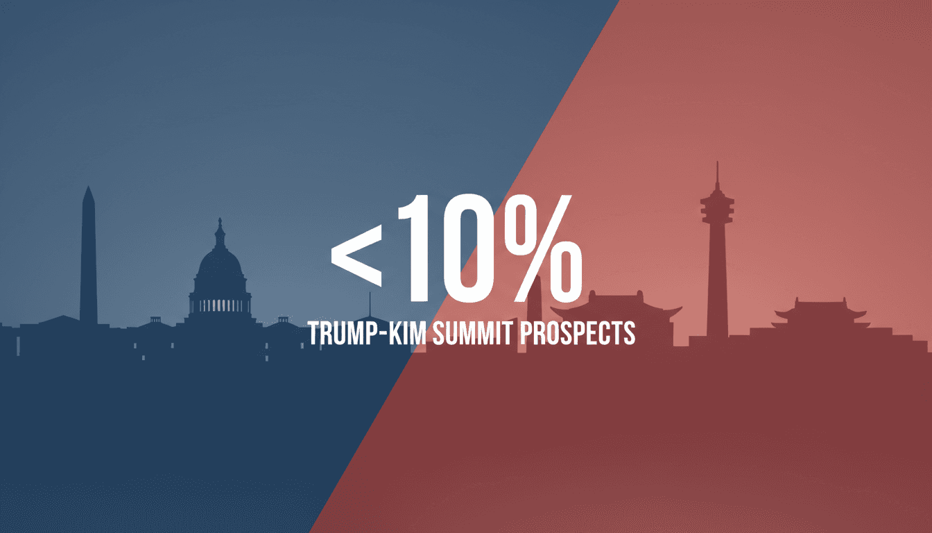 Minimalist graphic showing a bold less than ten percent metric for the Trump-Kim summit alongside diplomatic silhouettes