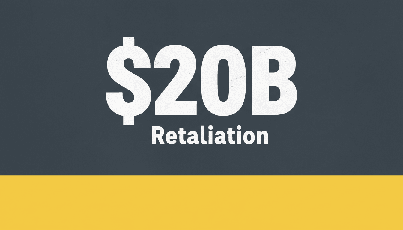 Bold typographic text reading twenty billion dollars against an industrial slate background for Canadian tariff analysis