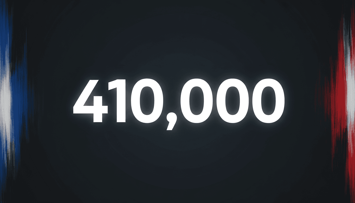 Minimalist typographic card showing 410,000 turnout figure for France protests over cost of living