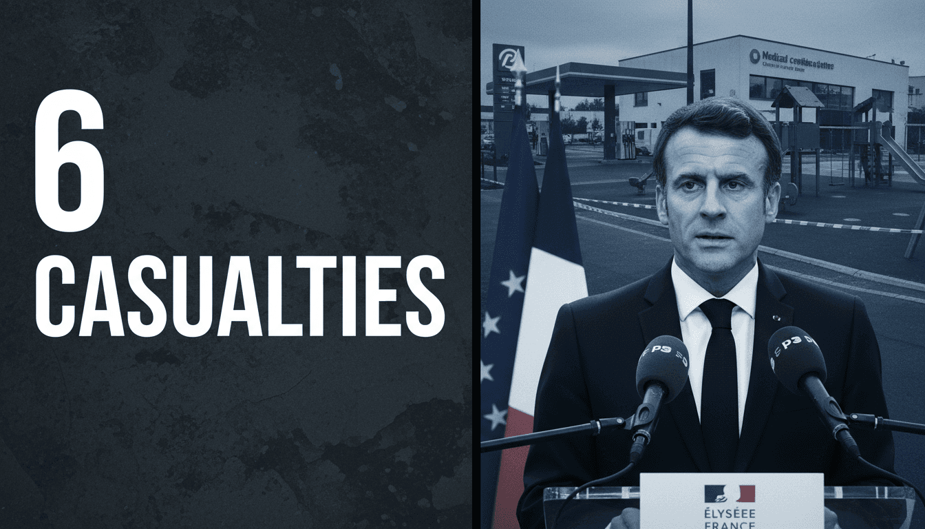 Minimalist dark slate graphic displaying bold text about the Trappes Paris shooting casualties