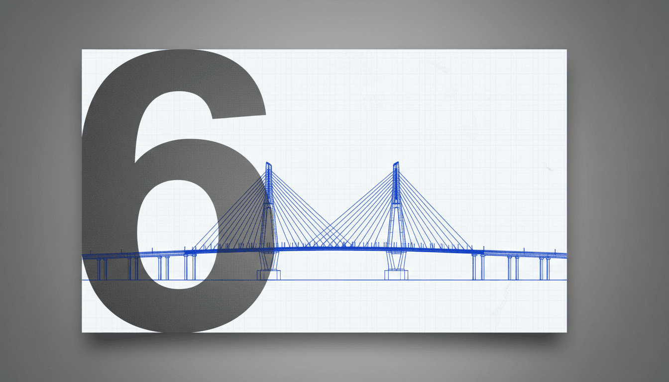 Minimalist graphic card showing the number 6 over an architectural rendering of the New Yalu River Bridge between China and North Korea