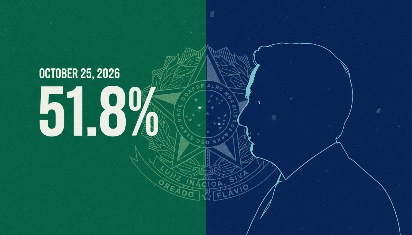 Minimalist graphic showing 51.8 percent vote share from the Brazil election results on emerald green backdrop