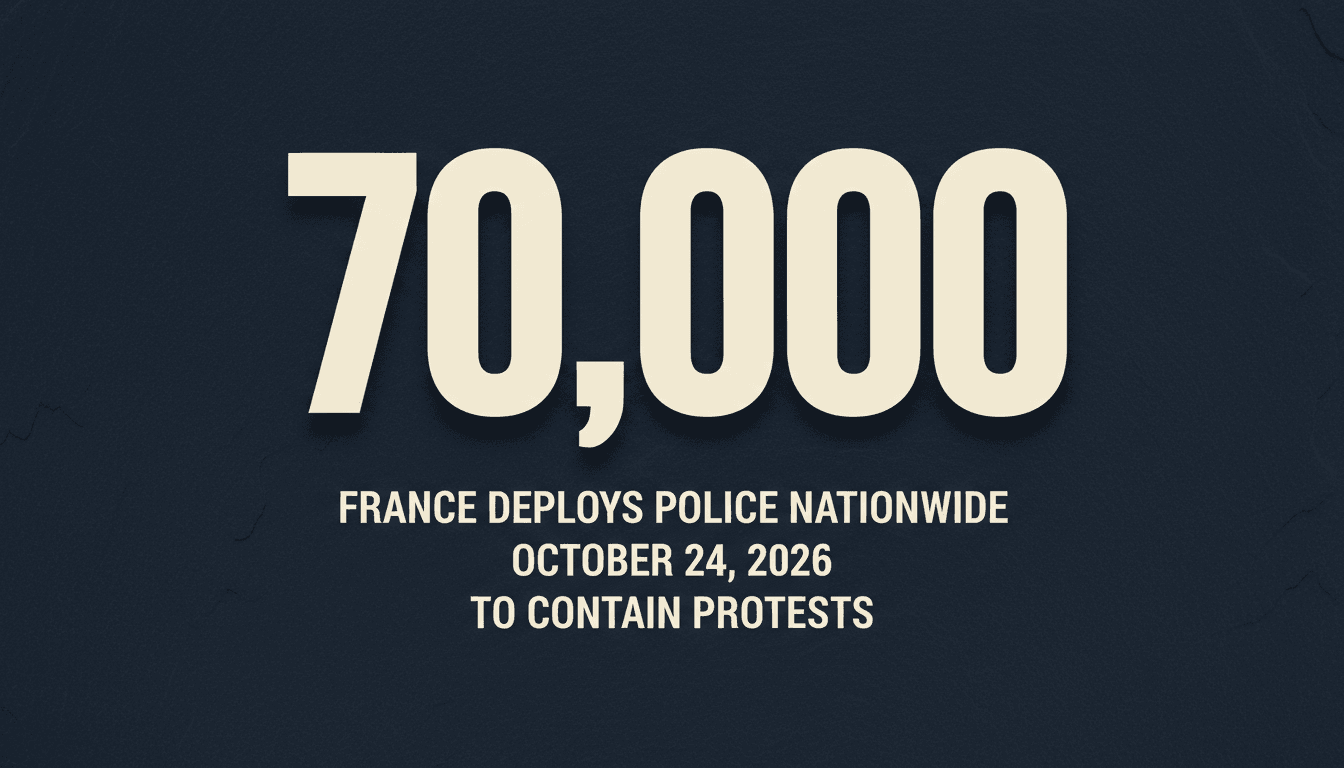 Minimalist dark blue card featuring large bold text reading 70,000 regarding French police deployment during nationwide protests