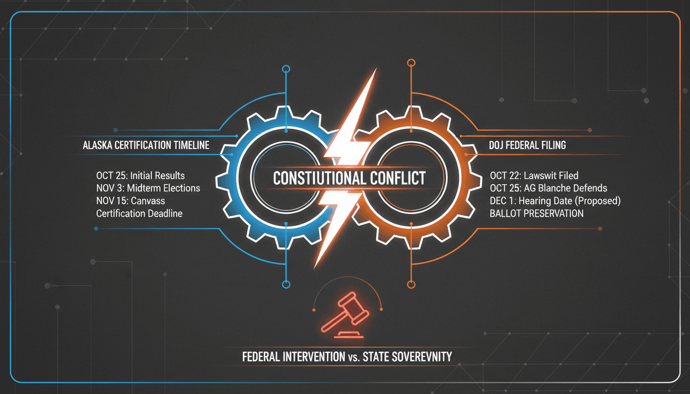 Infographic showing the timeline and constitutional tension of the DOJ Alaska Senate election lawsuit.
