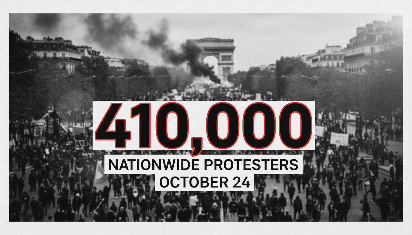 Minimalist graphic showing 410,000 turnout figure against Parisian streets during nationwide France protests