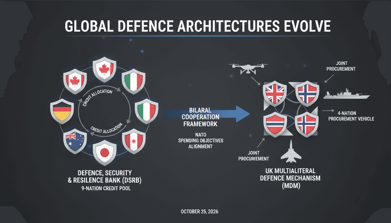 Infographic detailing Canada DSRB defense bank members versus the UK Multilateral Defence Mechanism coalition.