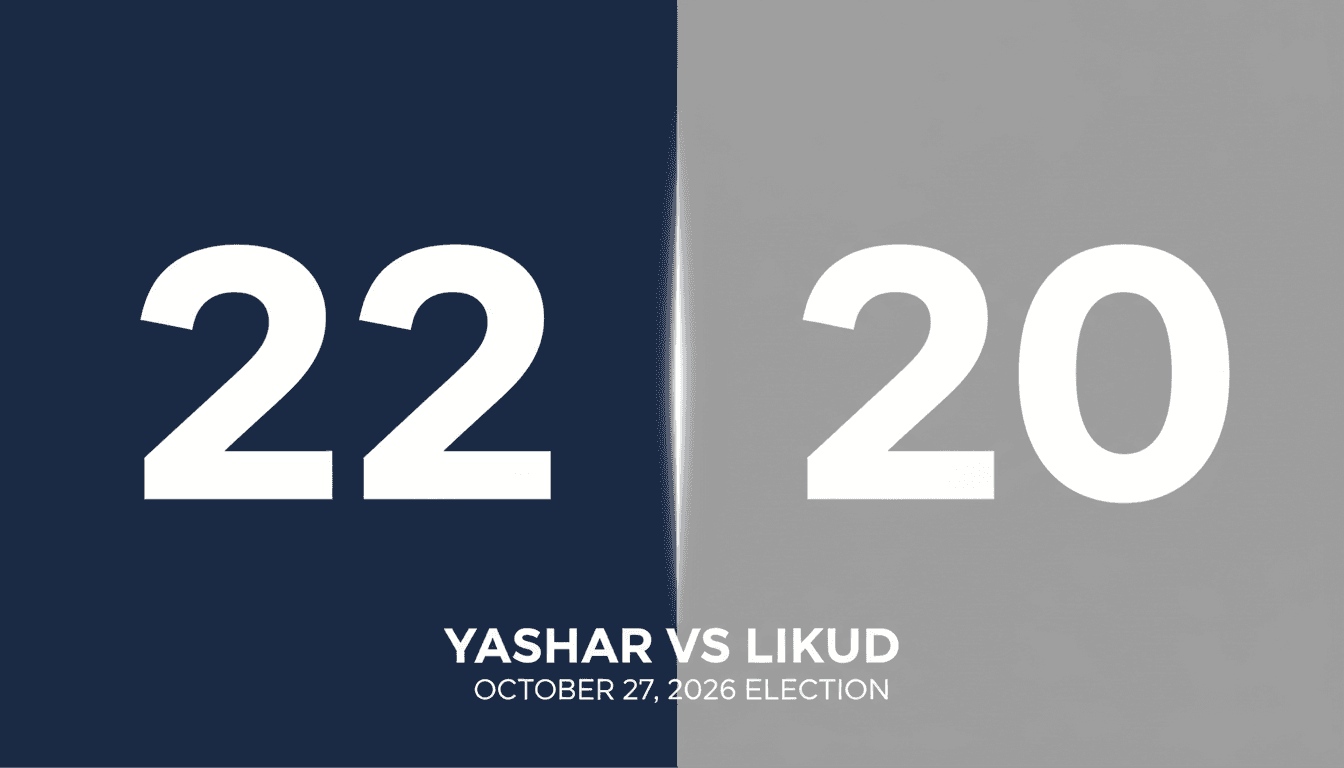 Minimalist typographic card showing projected seat counts for Yashar and Likud ahead of the Israeli election